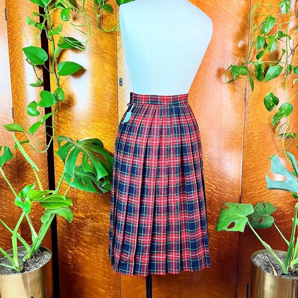 NWT DEADSTOCK 1970’s 70s Vintage Red Wool Plaid Pleated Fringe Kilt Skirt Xs 24w - Picture 8 of 10